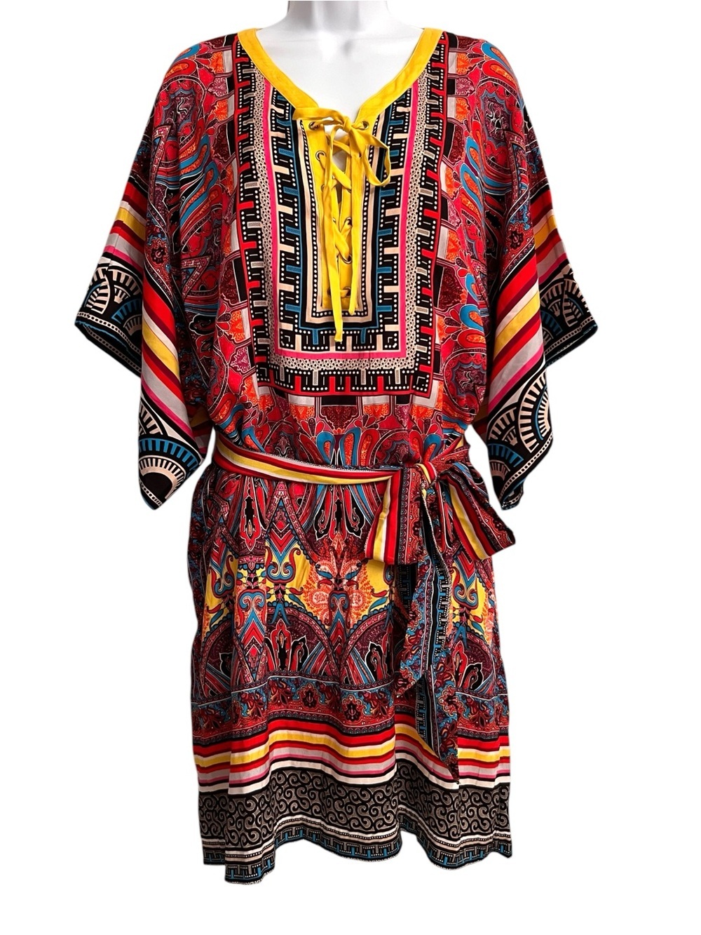 Cache Paisley Striped Multicolored Silk Blend Boho Tunic Dress Women’s Large - Picture 2 of 9